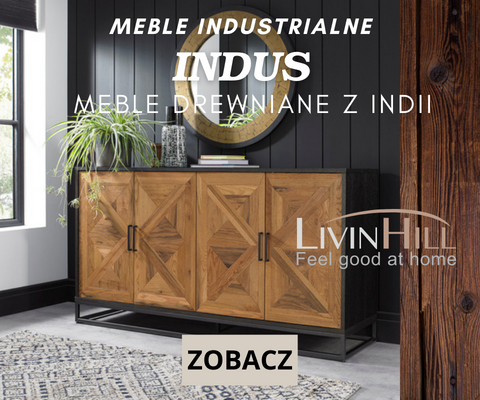 Kolekcja Indus – meble loftowe i industrialne. Solidne konstrukcje ze stali grafitowej, drewniane blaty połączenie czarnej stali i naturalnego drewna